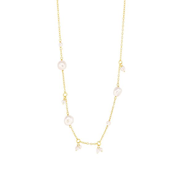 Forgylt halskjede med hvite ferskvannsperler